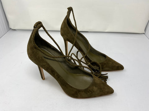 Joie Deep Olive Suede Pump with Braided Ankle Tie with Tassels