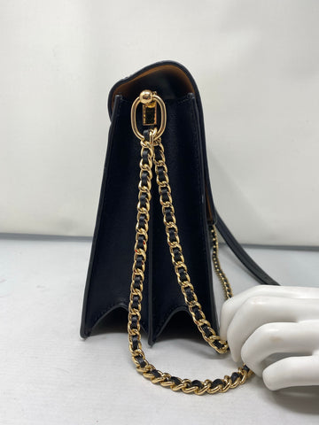 Tory Burch Black Leather Single Flap Crossbody bag with Gold Hardware and Chain