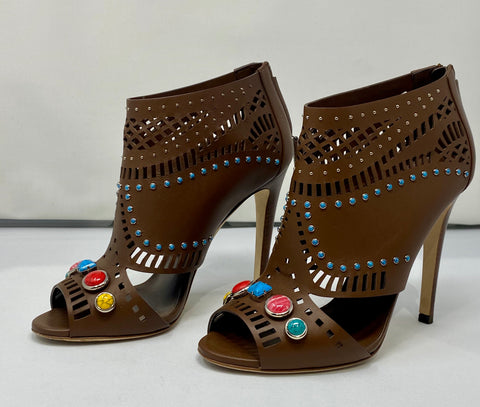 Gucci Brown Leather Peep Toe Heel with Colored Gems