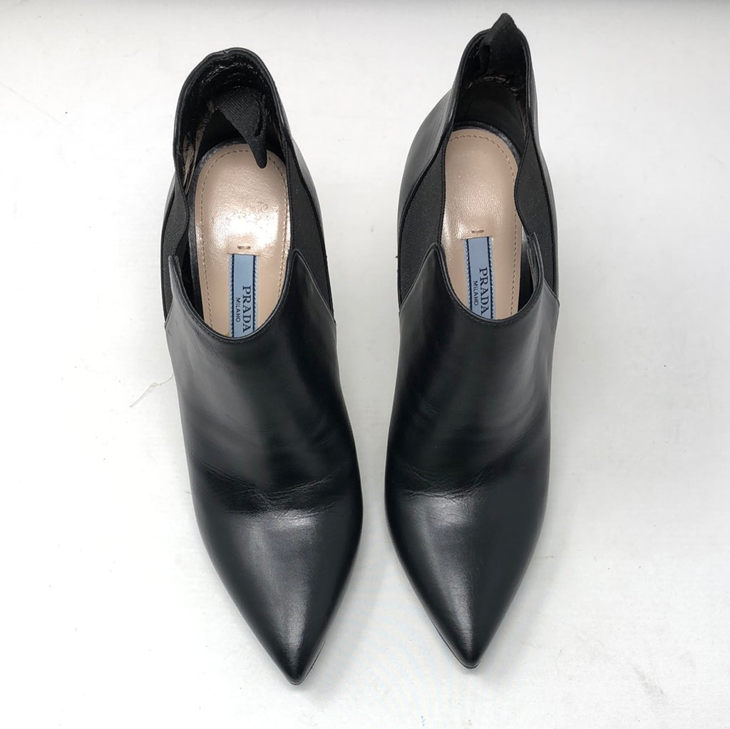 Prada Black Leather Pointed Toe Heeled Bootie