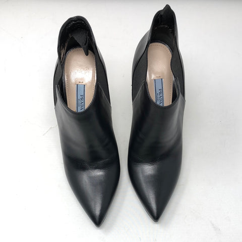 Prada Black Leather Pointed Toe Heeled Bootie