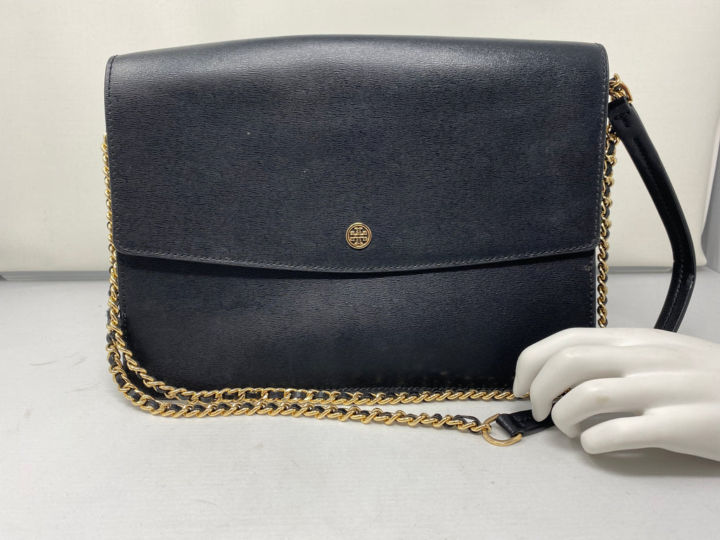 Tory Burch Black Leather Single Flap Crossbody bag with Gold Hardware and Chain