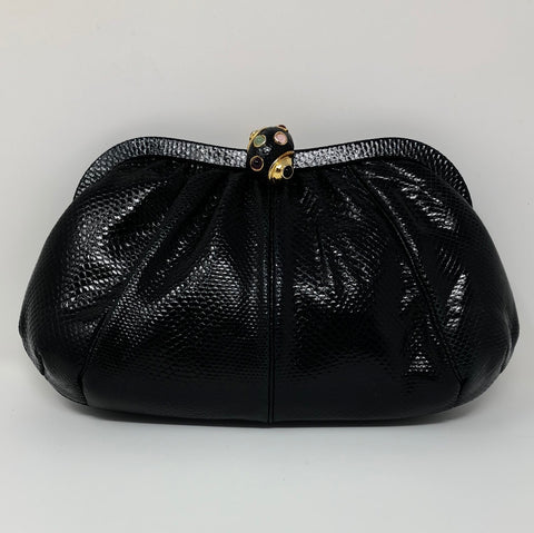 Vintage: Judith Leiber Snakeskin Black Shoulder Bag with Snail Charm Clasp