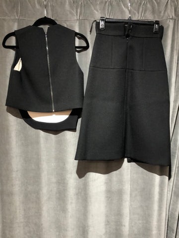 Tibi Black Crushed Polyester sleeveless top with slit midi skirt set
