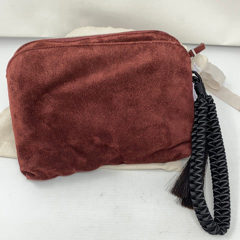 The Row Burgundy Suede Top Zip Pouch with Knit Black Handle and Fringe