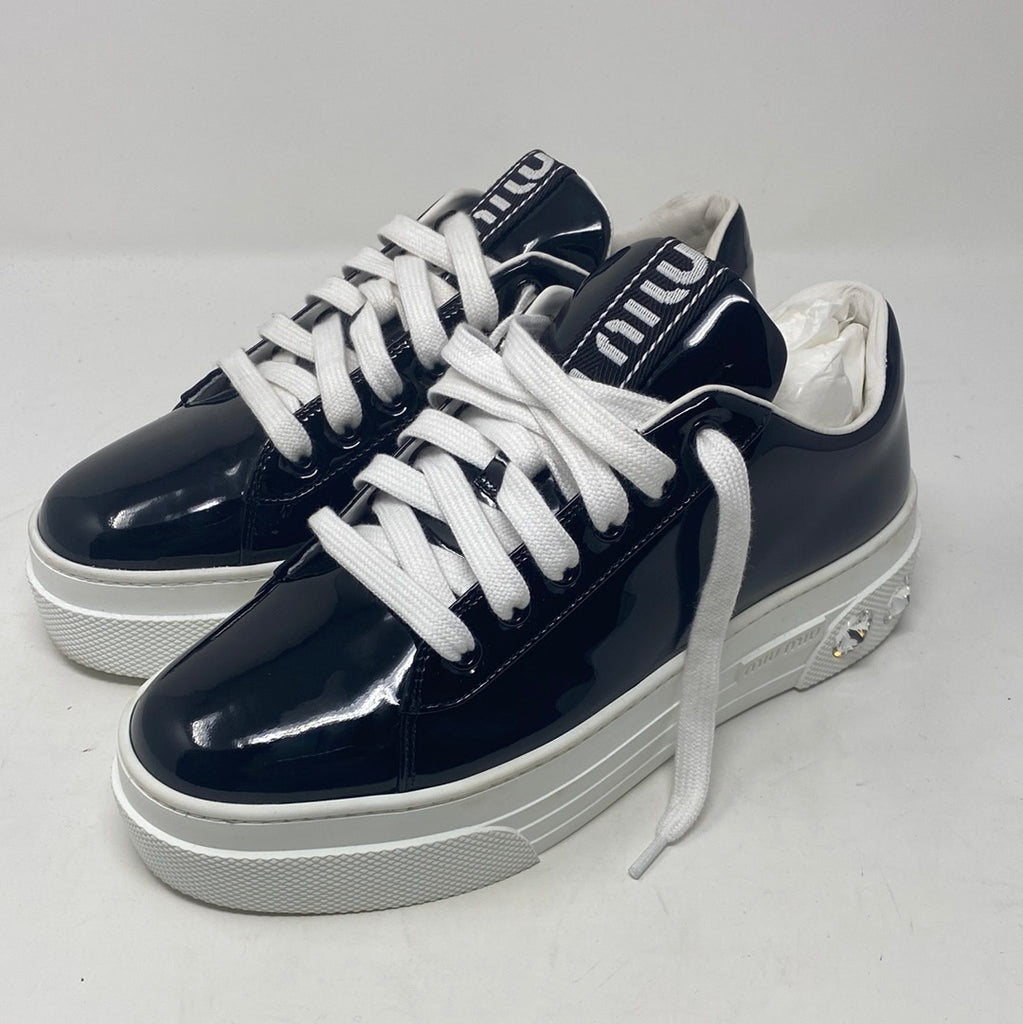 Miu Miu Black Patent Leather Sneaker with Circle Gems with Rubber Platform