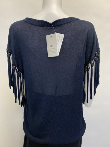 A.L.C Navy Knit Top with Beaded Sleeve
