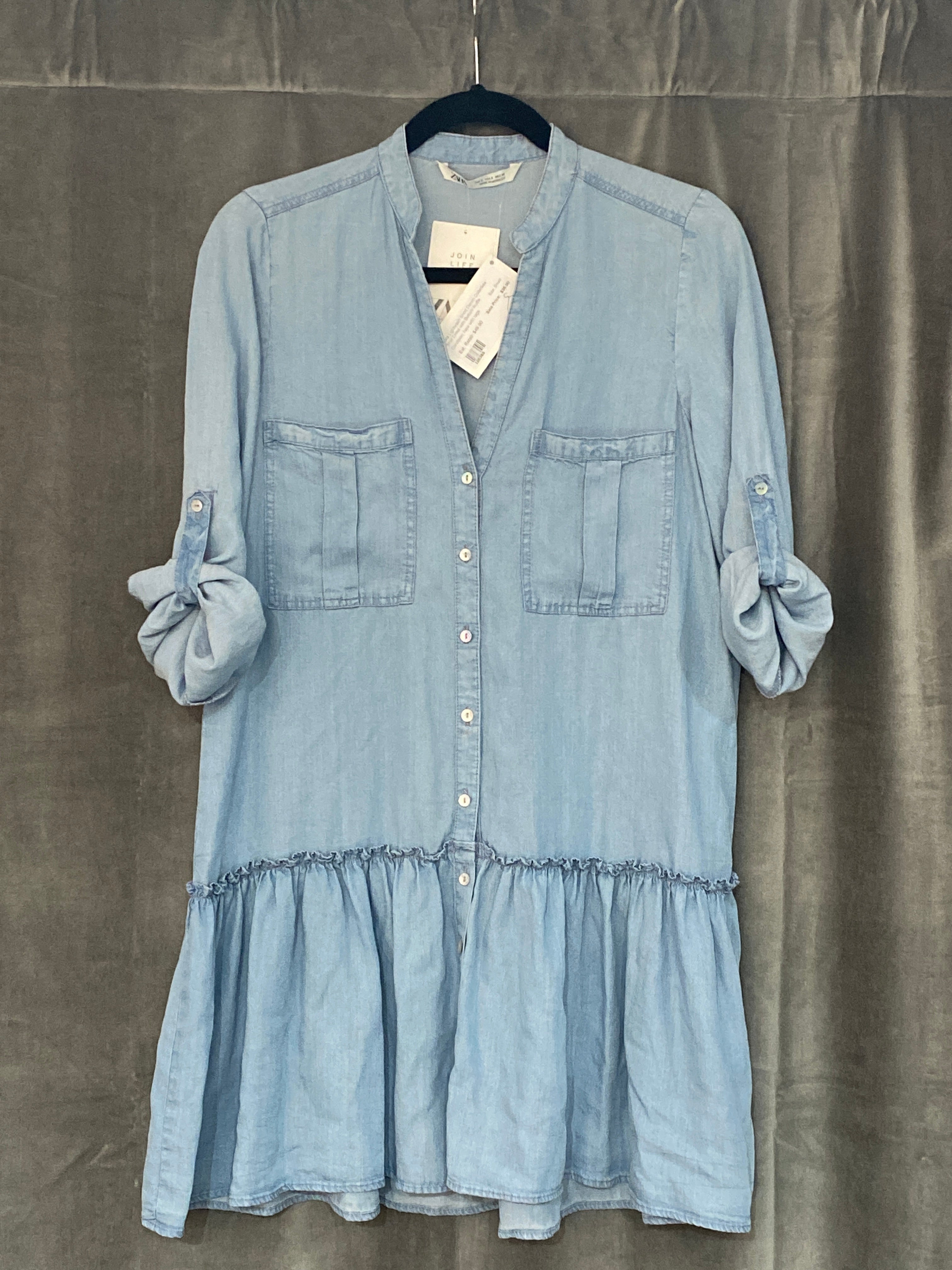 Zara Light Wash Short Denim Collarless Shirt Dress with Bottom Ruffle