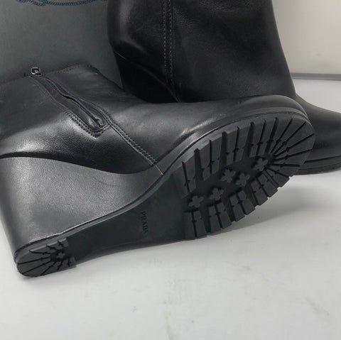 PRADA Black Leather Side Zip Wedges