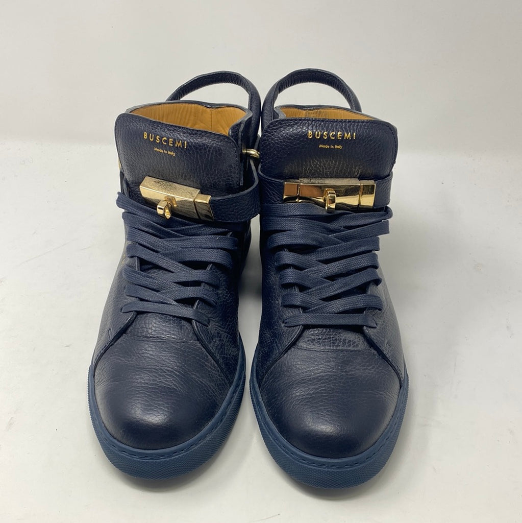BUSCEMI Navy Leather Sneaker with Gold Lock and key