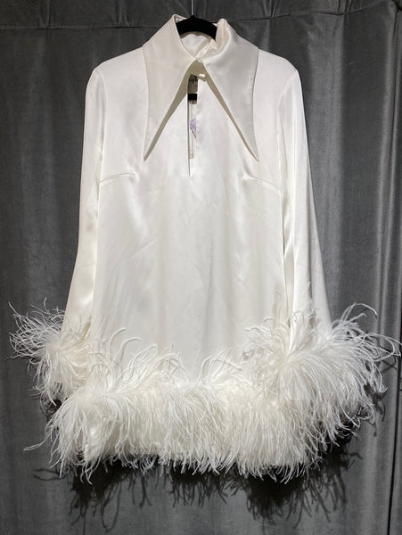 16 Arlngton Bridal Satin Feather Hem and Cuff Dress