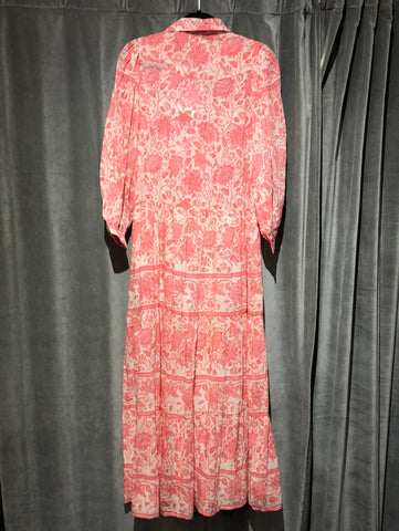 Bell White and Pink Floral Long Sleeve Maxi Dress Half Button Dress