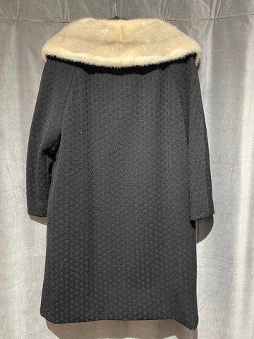 Vintage Black Double Breasted Coat with White Mink Fur Collar