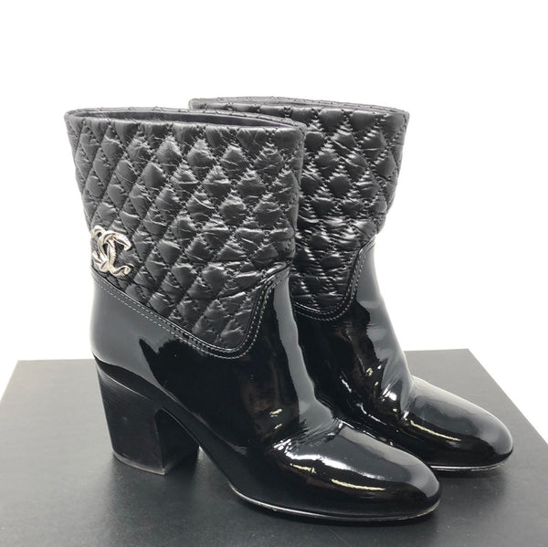 Chanel Black Patent Leather and Quilted Short Boots