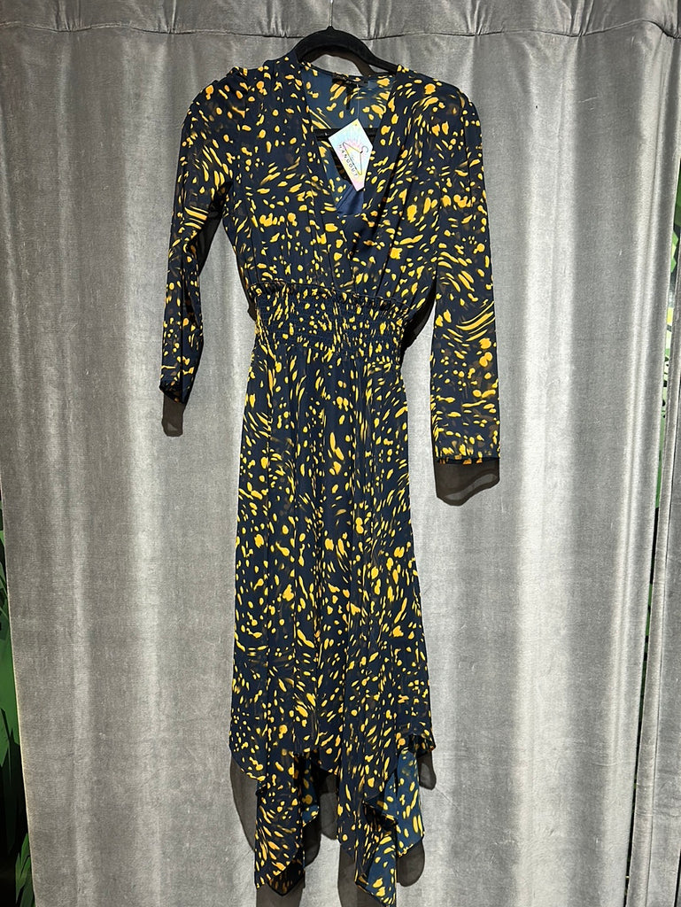 Maje Navy and Mustard 3/4 Sleeve Handkerchief Bottom Dress