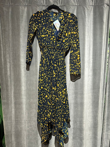 Maje Navy and Mustard 3/4 Sleeve Handkerchief Bottom Dress