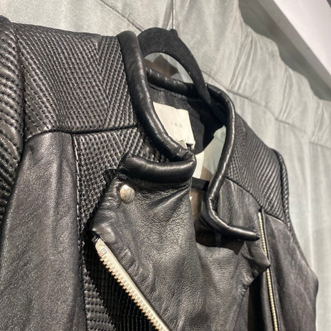 IRO 'EFIA' Black Leather Collarless Jacket with Large Matte Silver Zipper