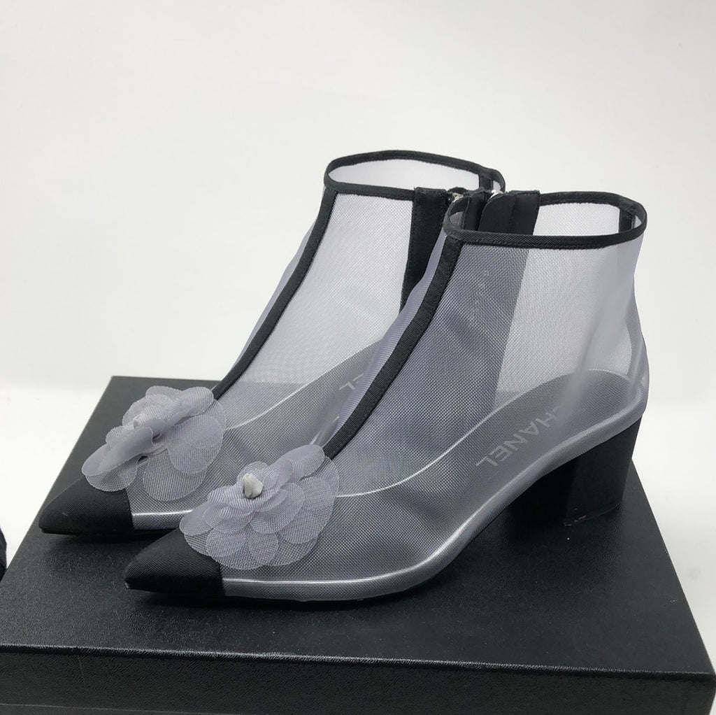 Chanel Grey Mesh Side Zip Short Booties with Flower