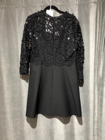 Valentino Black Wool and Lace Long Sleeve Dress