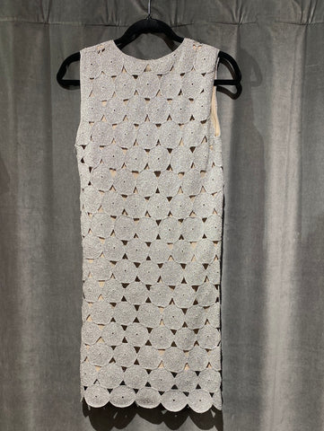 Vintage: Silver Sleeveless Metallic Crochet Mini Shift Dress with Scalloped Hem