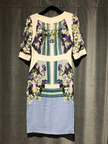 Antonio Berardi Three Short Sleeve Floral Silk Dress with Exposed Back Zipper