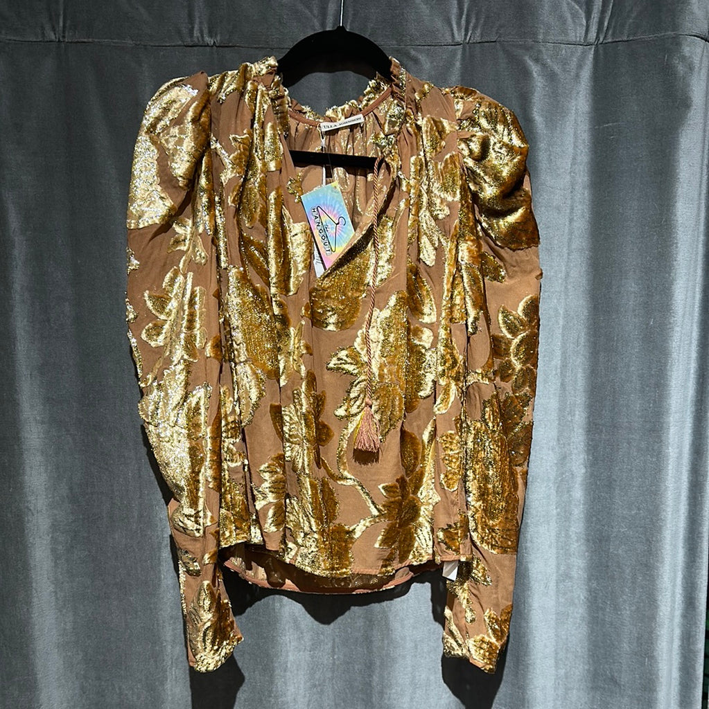 Ulla Johnson Long Sleeve 'Camilla' Blouse Rose Gold with Shiny Velvet Flowers