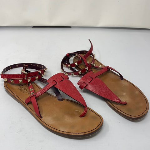 Valentino RockStud Alce Red Leather Ankle Wrap Thong Flat Sandal