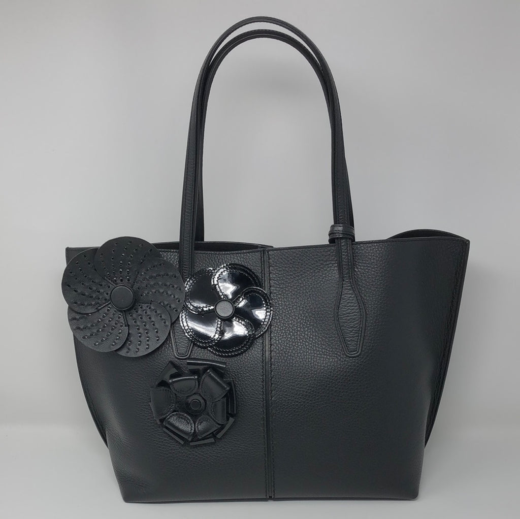 TOD'S Black Leather Tote Bag with Leather/Patent Leather Flowers