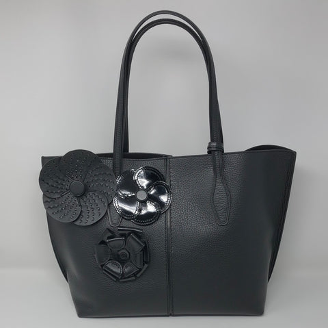 TOD'S Black Leather Tote Bag with Leather/Patent Leather Flowers