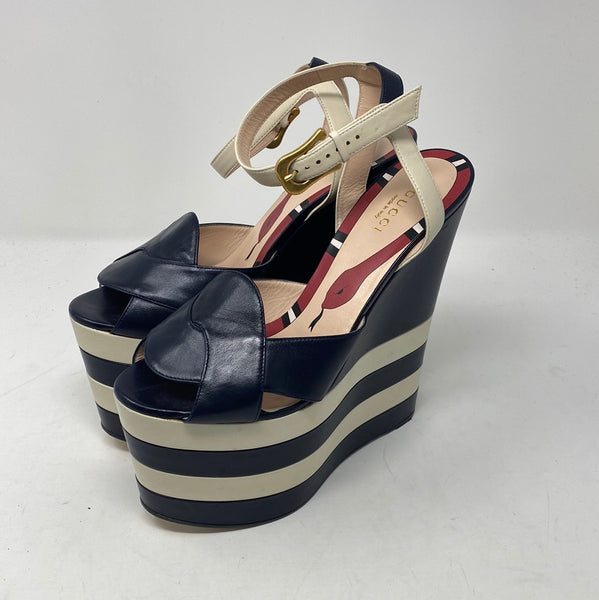 Gucci Black and White Leather Ankle Strap Peep Toe Wedges