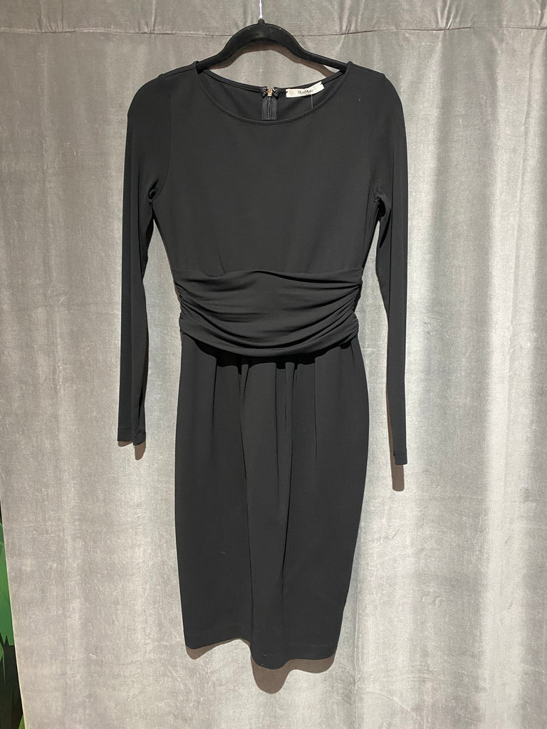 MaxMara Black Long Ruched Midi Sleeve Stretch Midi Dress