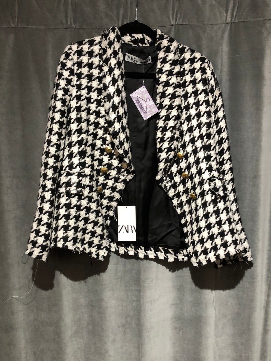 Zara Black and white houndstooth Tweed Blazer – The Hangout