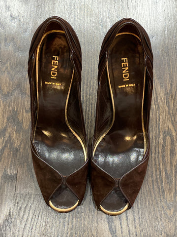 Fendi Brown Suede Peep Toe with Brown Leather Accent