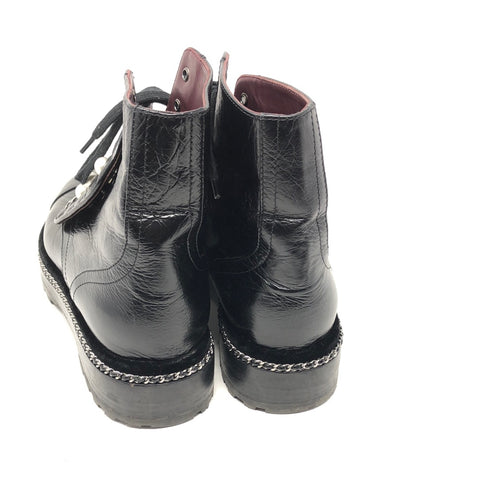 Chanel Black Crackled Calfskin Velvet Pearl Combat Short Boots