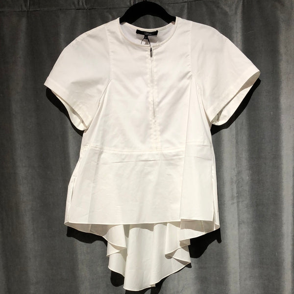 Tibi White Half zip short sleeve ruffle bottom cotton blouse