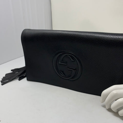 Gucci Black Leather Soho Clutch with GG and Tassel