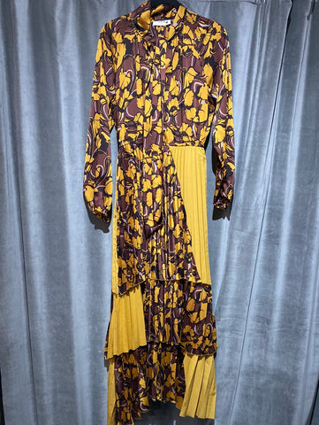 BEATRICE Gold and Floral Dress with Pleated Layered Bottom