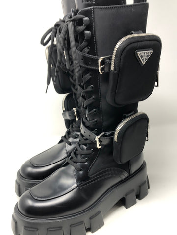 Prada Black Nylon High Boots with Double Pouches