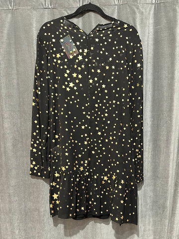 Red Valentino Black Shift Dress with Ruffle Bottom with Gold Stars