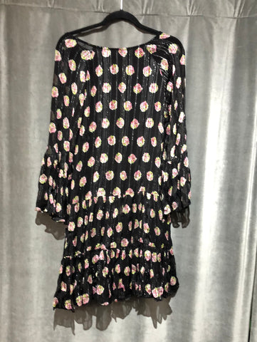 DERHY Black With Pink Fower Bell Sleeve MIni Dress