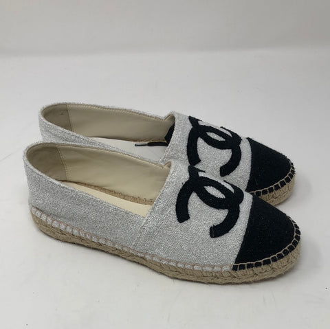 Chanel White Sparkle Terry Espadrille with Black Toe and Interlock CC
