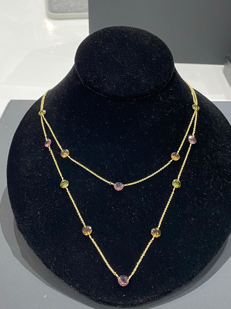 Gold Tone Delicate Double Strand Mutlicolor Stone Necklace
