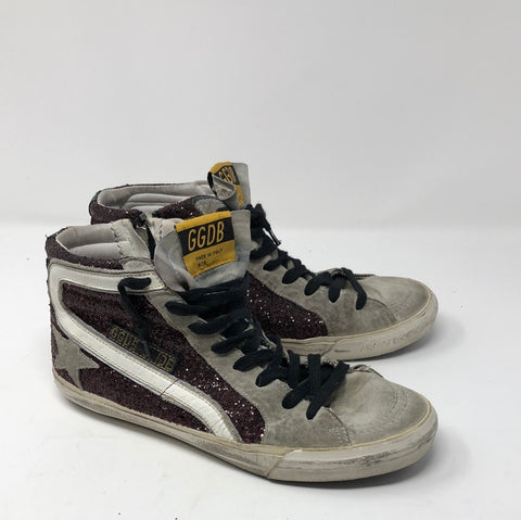 Golden Goose Maroon Glitter HIgh Top Side Zip sneaker