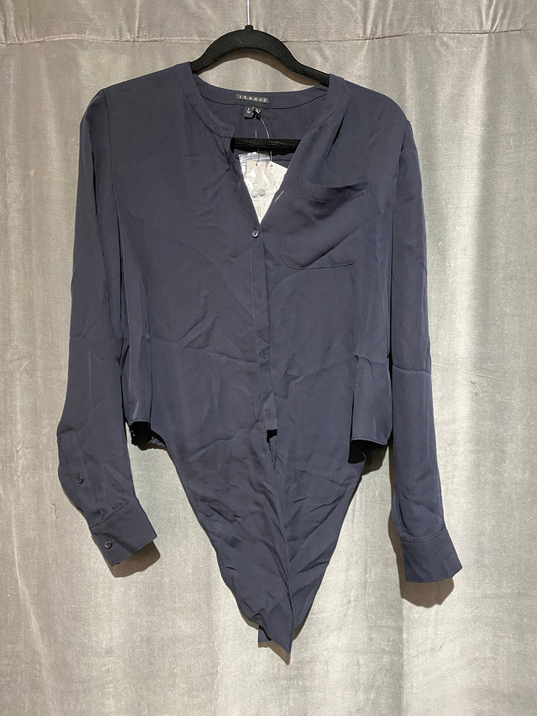 Theory Navy Silk Collarless Button Down Long Sleeve Blouse with Front Tie