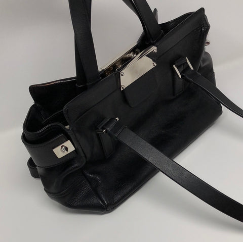 Jimmy Choo Black Leather Bag with Straw Flower Front