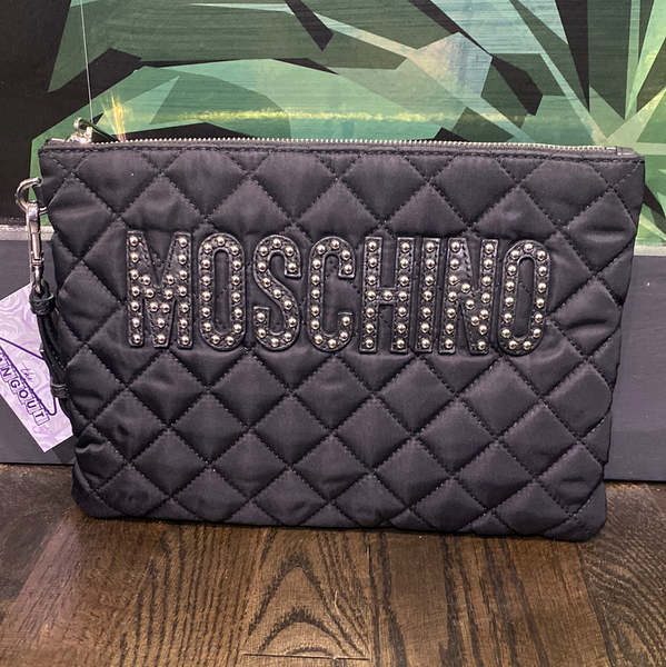 Moschino Black Quilted Studded Logo Large Clutch