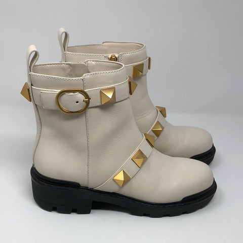Valentino Ivory Leather Side Zip Gold Rockstud Booties