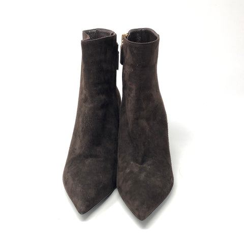 Prada Dark Brown Suede Pointed Toe Block Heel Booties