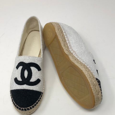 Chanel White Sparkle Terry Espadrille with Black Toe and Interlock CC