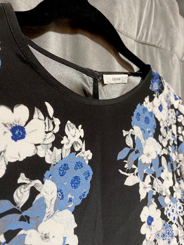 Erdem Black Silk Short Sleeve Top with Blue and White Flowers